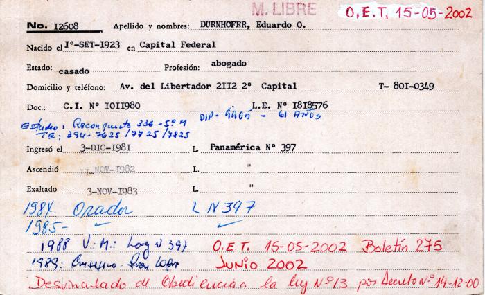 Ficha de miembro de Eduardo O. Durnhofer.