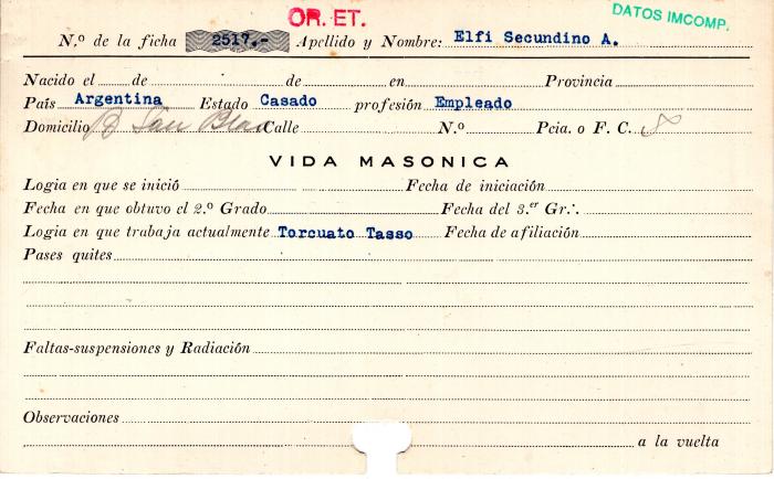 Ficha de miembro de Secundino A. Elfi.