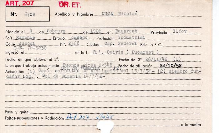 Ficha de miembro de Nicolás Duca.