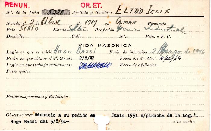 Ficha de miembro de Felix Elydd.