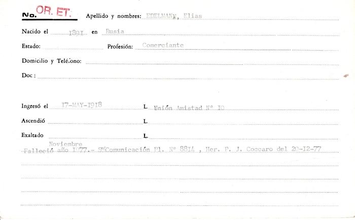 Ficha de miembro de Elias Edelmann.