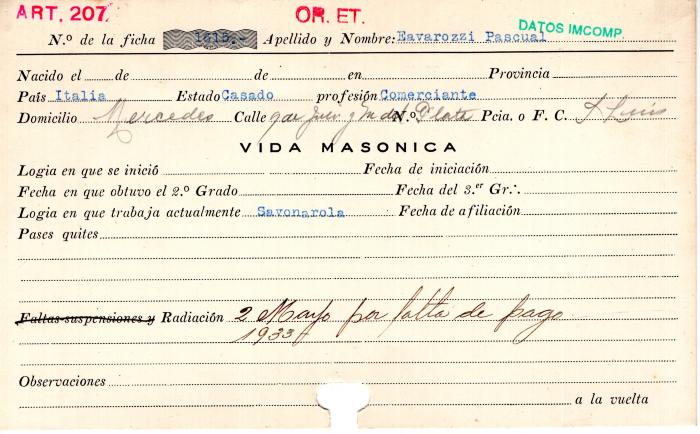 Ficha de miembro de Pascual Eavarozzi.