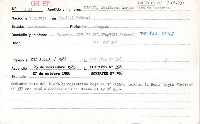 Ficha de miembro de Guillermo Rodolfo Ludovico Eisler.