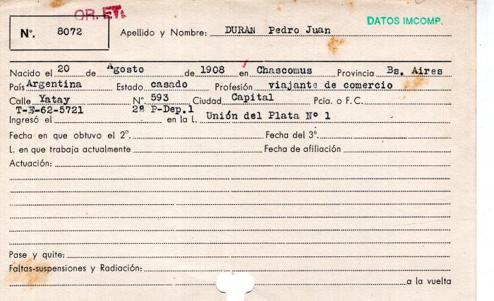 Ficha de miembro de Pedro Juan Duran.
