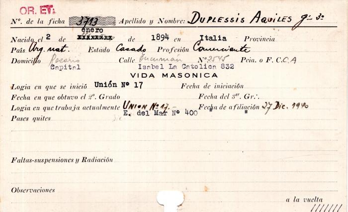 Ficha de miembro de Aquiles Duplessis.