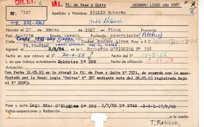 Ficha de miembro de Roberto Eisler.