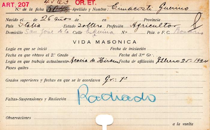 Ficha de miembro de Guerino Eimacasti.
