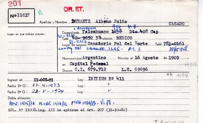 Ficha de miembro de Albino Julio Durante.