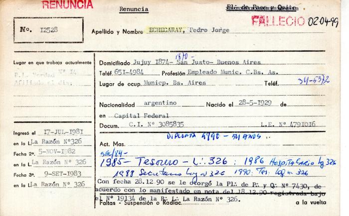 Ficha de miembro de Pedro Jorge Echegaray.