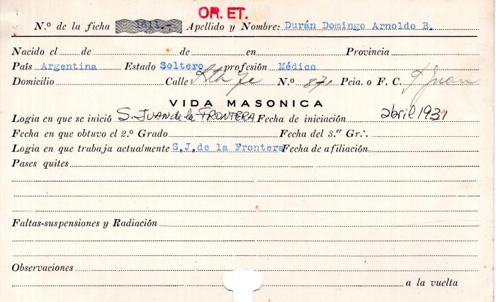 Ficha de miembro de Domingo Arnaldo B. Durán.