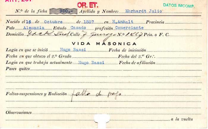 Ficha de miembro de Julio Ehrhardt.