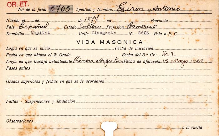 Ficha de miembro de Antonio Eirin.
