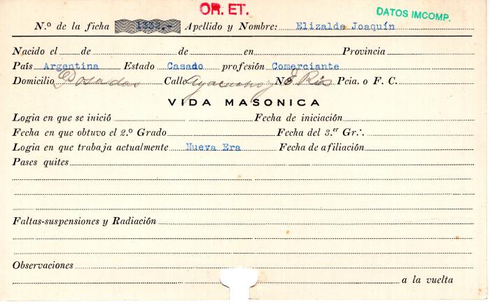 Ficha de miembro de Joaquín Elizalde.