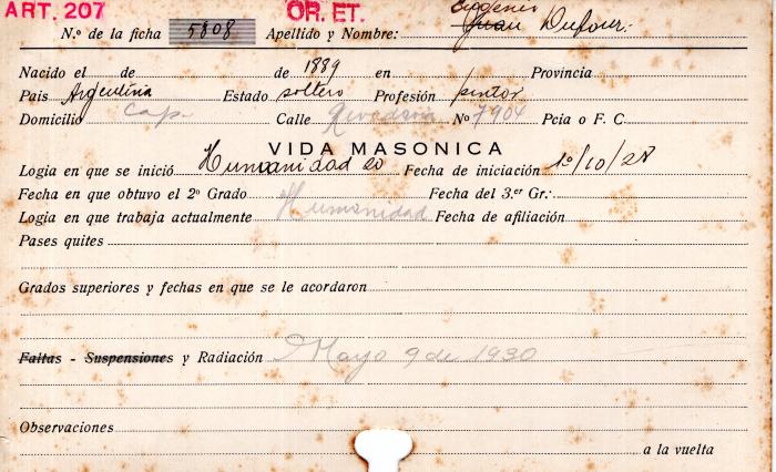 Ficha de miembro de Eugenio Dufour.