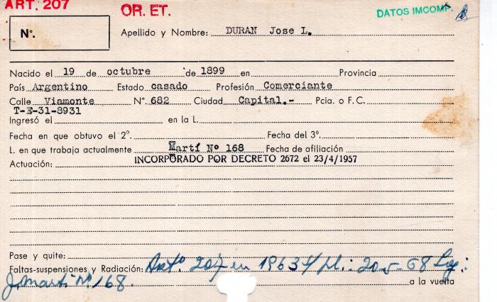Ficha de miembro de José L. Durán.