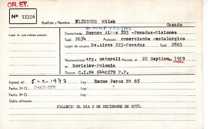 Ficha de miembro de Milek Eliesser.