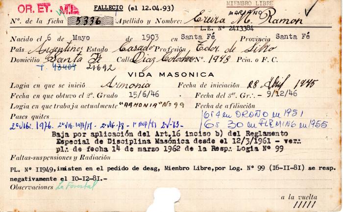 Ficha de miembro de Mariano Ramón Ereira.