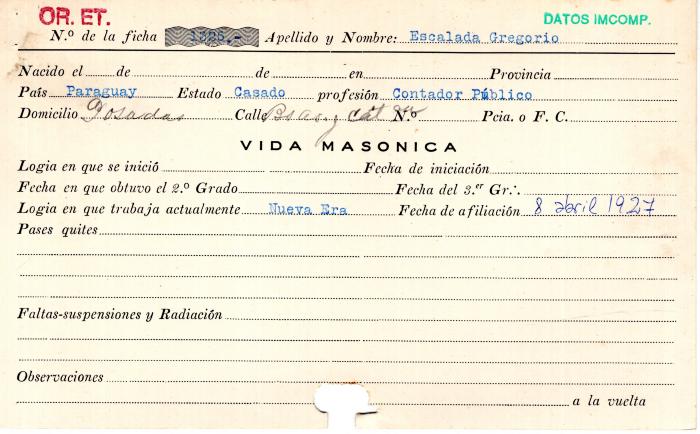 Ficha de miembro de Gregorio Escalada.