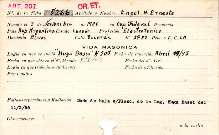 Ficha de miembro de Ernesto H. Engel.