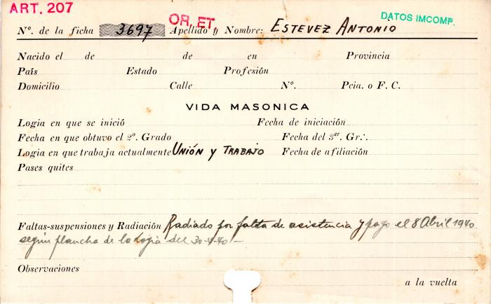 Ficha de miembro de Antonio Estevez.