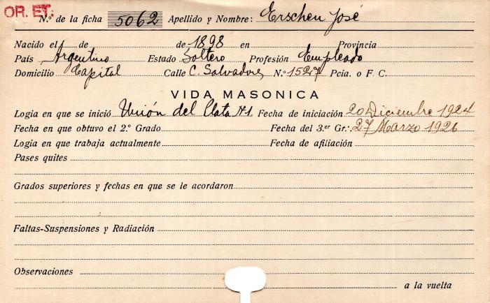 Ficha de miembro de José Erschen.