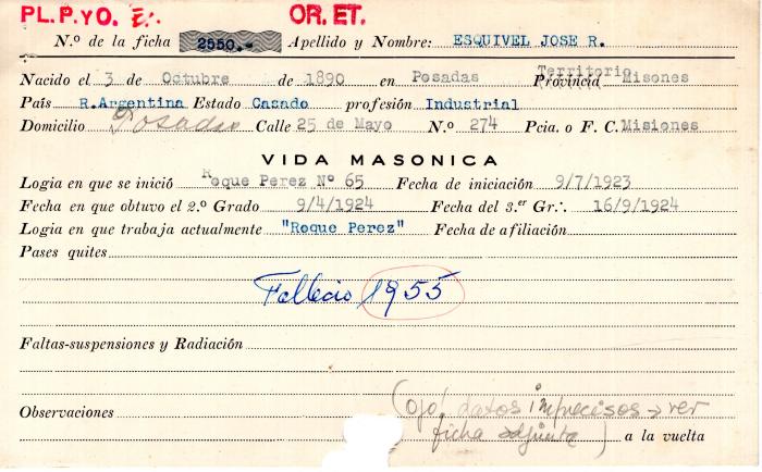 Ficha de miembro de José R. Esquivel.