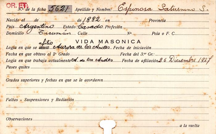 Ficha de miembro de Saturnino S. Espinosa.