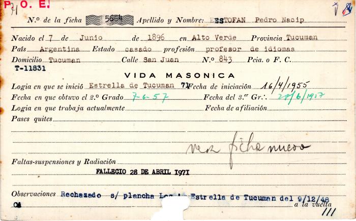 Ficha de miembro de Pedro Nacip Estofan.