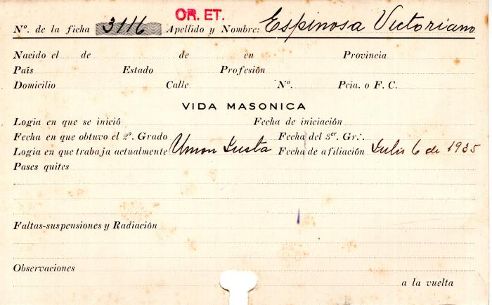 Ficha de miembro de Victoriano Espinosa.