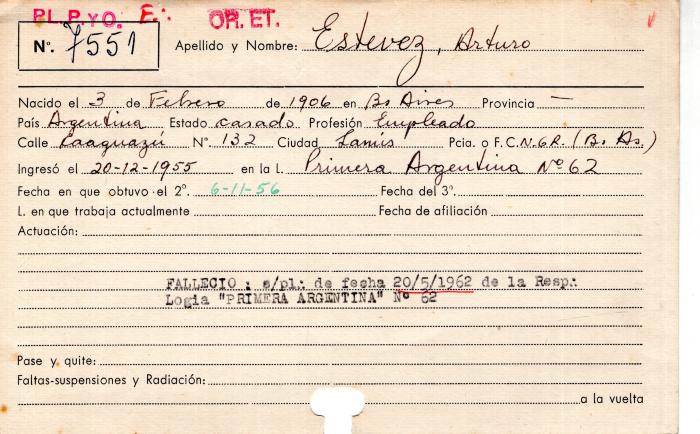 Ficha de miembro de Arturo Estevez.