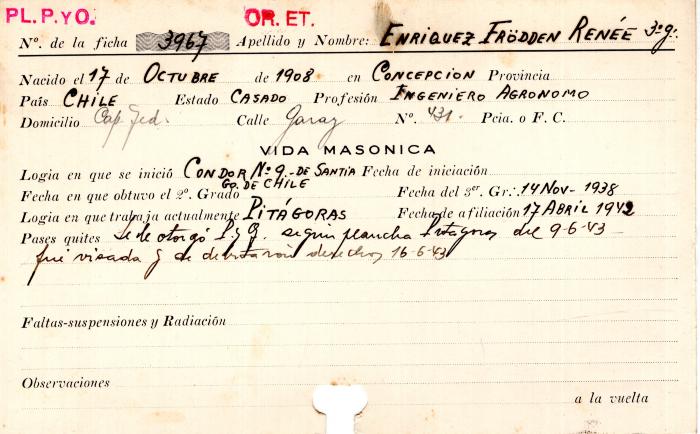 Ficha de miembro de Renée Enriquez Frödden.