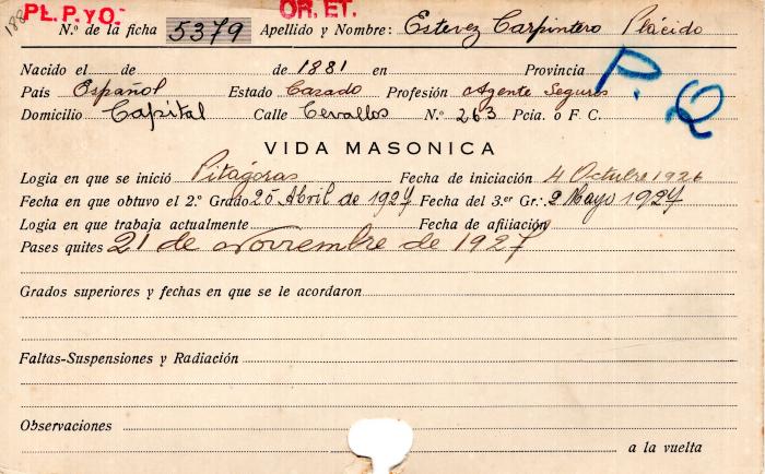 Ficha de miembro de Plácido Estevez Carpintero.