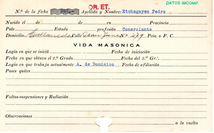 Ficha de miembro de Pedro Etchegoyen.