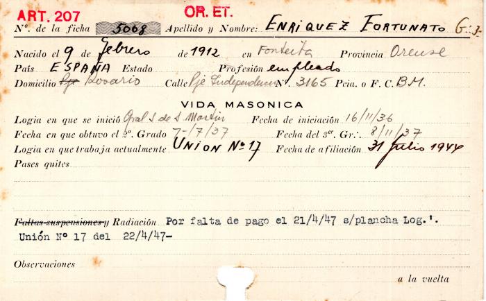 Ficha de miembro de Fortunato Enriquez.