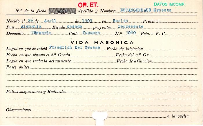 Ficha de miembro de Ernesto Estangenhaus.