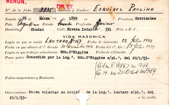 Ficha de miembro de Paulino Esquivel.