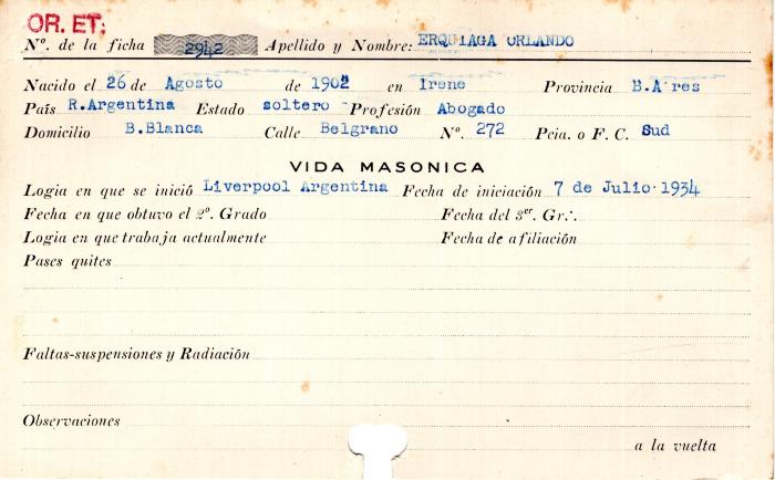 Ficha de miembro de Orlando Erquiaga.