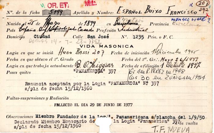 Ficha de miembro de Francisco Español Buixo.