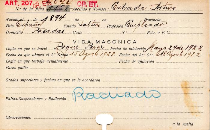 Ficha de miembro de Arturo Estrada.