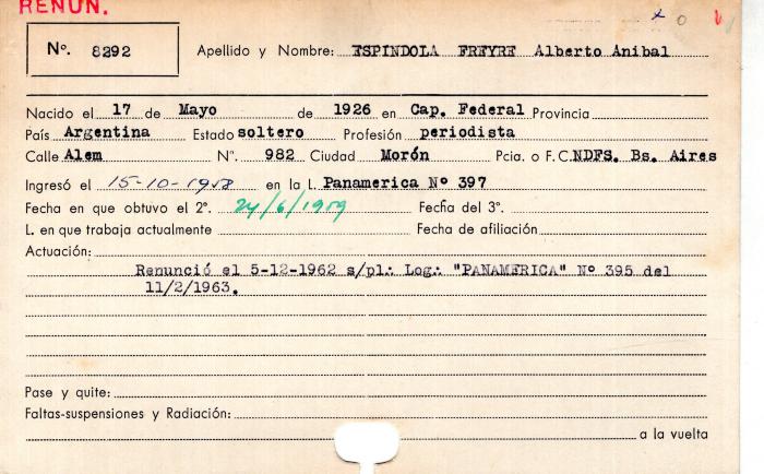 Ficha de miembro de Alberto Anibal Espindola Freyre.