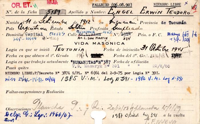 Ficha de miembro de Erwin Teodoro Engel.