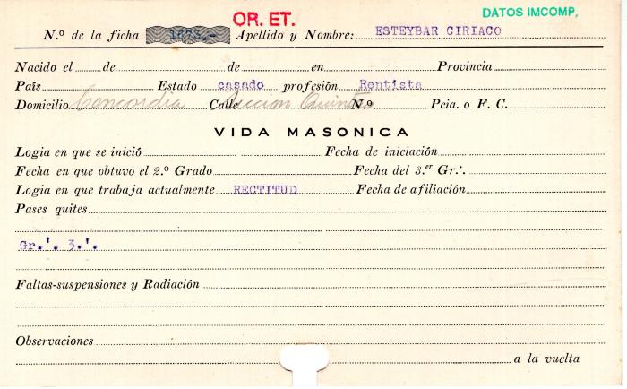 Ficha de miembro de Ciriaco Esteybar.