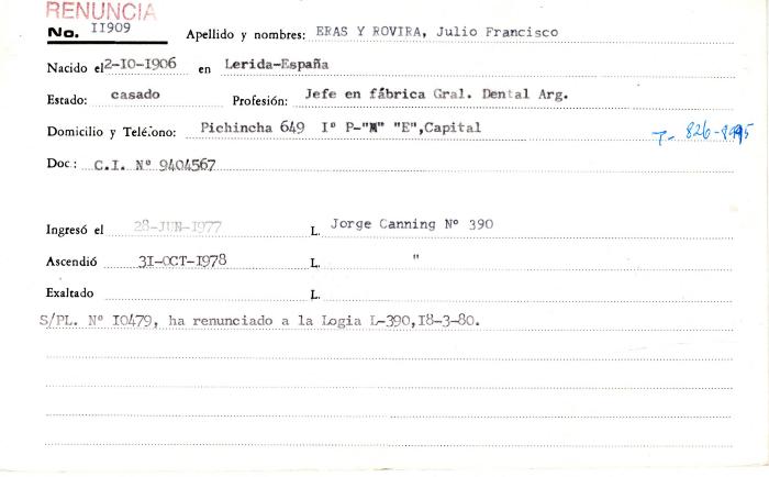 Ficha de miembro de Julio  Francisco Eras y Rovira.