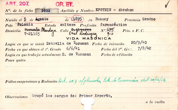Ficha de miembro de Abraham Epstein.