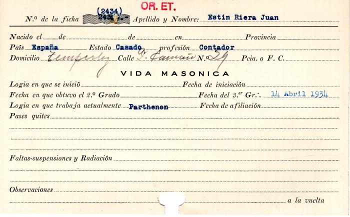Ficha de miembro de Juan Estin Riera.