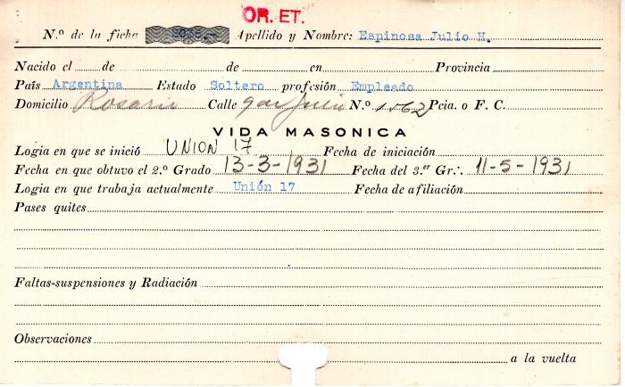 Ficha de miembro de Julio H. Espinosa.
