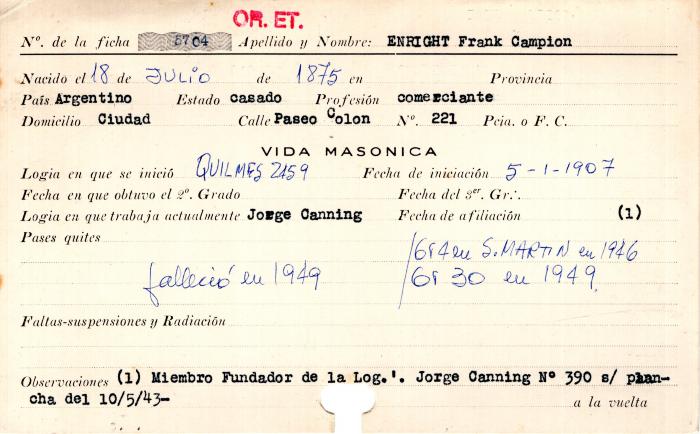 Ficha de miembro de Frank Campion Enright.
