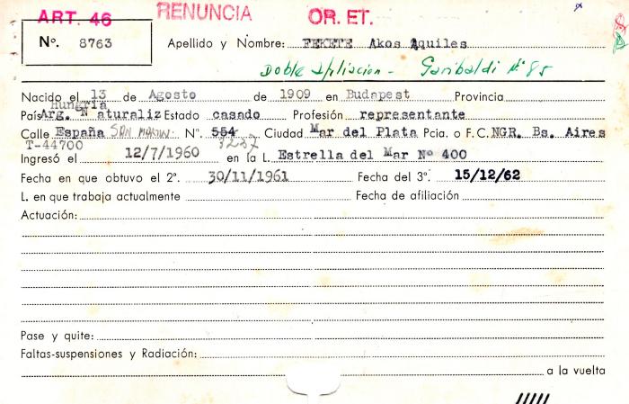 Ficha de miembro de Akos Aquiles Fekete.