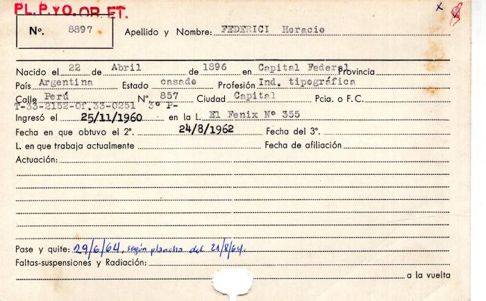 Ficha de miembro de Horacio Federici.