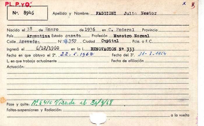 Ficha de miembro de Julio Néstor Faggioni.